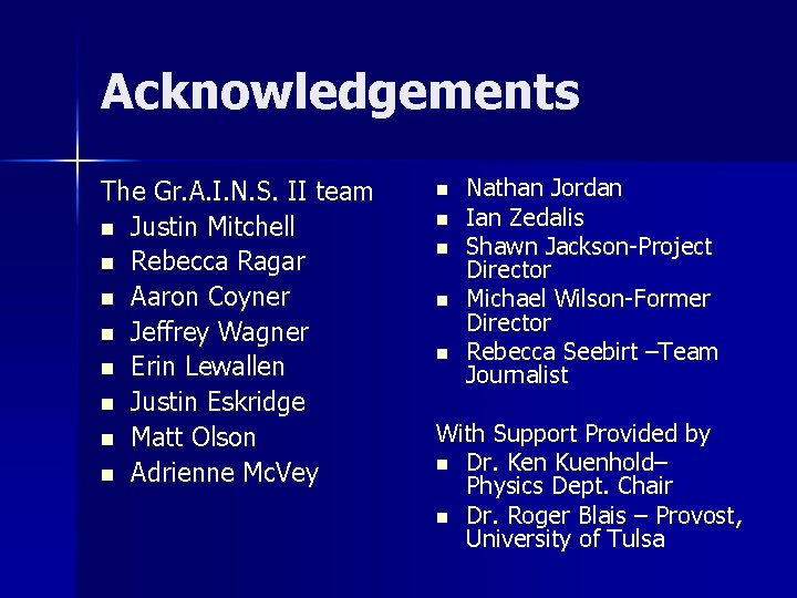 Acknowledgements The Gr. A. I. N. S. II team n Justin Mitchell n Rebecca