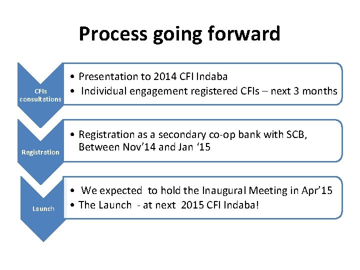 Process going forward CFIs consultations Registration Launch • Presentation to 2014 CFI Indaba •