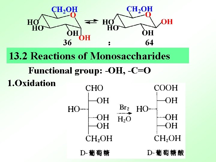 36 ： 64 13. 2 Reactions of Monosaccharides Functional group: -OH, -C=O 1. Oxidation