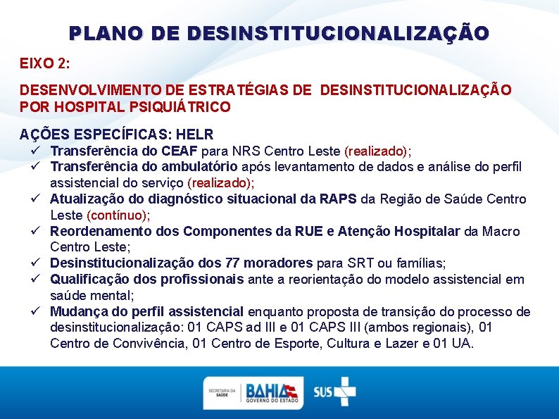 PLANO DE DESINSTITUCIONALIZAÇÃO EIXO 2: DESENVOLVIMENTO DE ESTRATÉGIAS DE DESINSTITUCIONALIZAÇÃO POR HOSPITAL PSIQUIÁTRICO AÇÕES