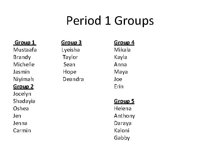 Period 1 Groups Group 1 Group 3 Mustaafa Lyeisha Brandy Taylor Michelle Sean Jasmin