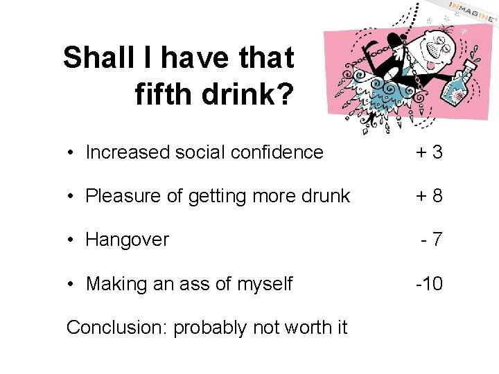 Shall I have that fifth drink? • Increased social confidence + 3 • Pleasure