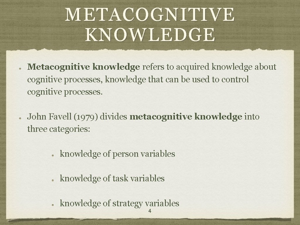METACOGNITIVE KNOWLEDGE Metacognitive knowledge refers to acquired knowledge about cognitive processes, knowledge that can