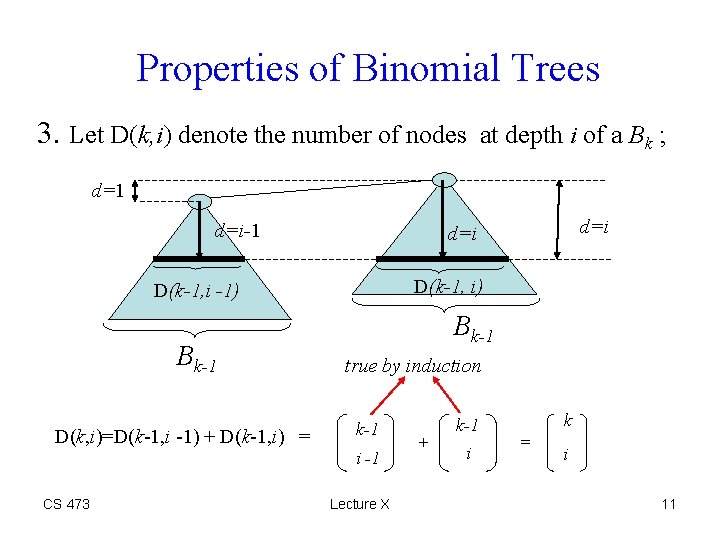 Properties of Binomial Trees 3. Let D(k, i) denote the number of nodes at