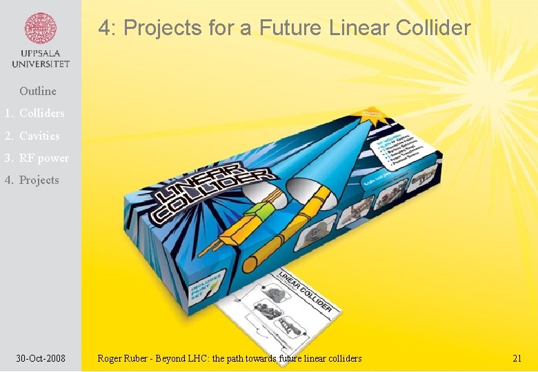 4: Projects for a Future Linear Collider Outline 1. Colliders 2. Cavities 3. RF