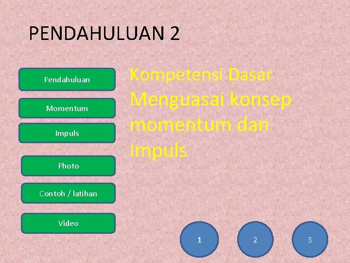 PENDAHULUAN 2 Pendahuluan Momentum Impuls Photo Kompetensi Dasar : Menguasai konsep momentum dan Impuls