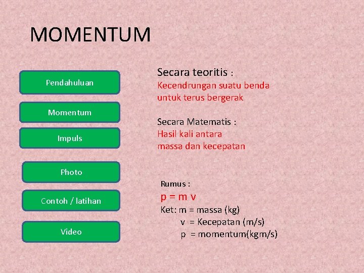 MOMENTUM Pendahuluan Momentum Impuls Secara teoritis : Kecendrungan suatu benda untuk terus bergerak Secara