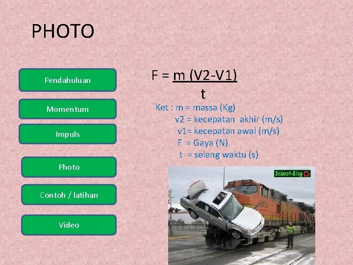 PHOTO Pendahuluan Momentum Impuls Photo Contoh / latihan Video F = m (V 2