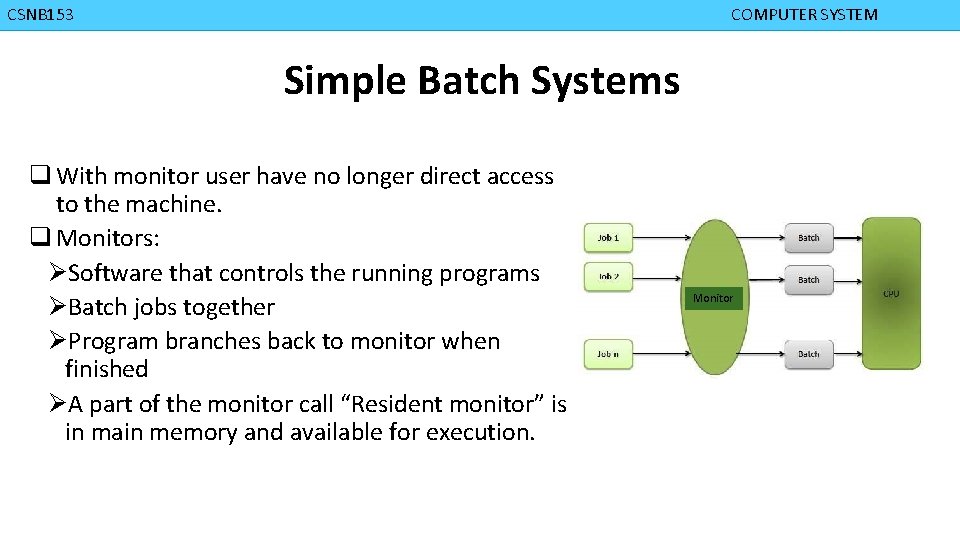 CMPD 223 CSNB 153 COMPUTER ORGANIZATION COMPUTER SYSTEM Simple Batch Systems q With monitor