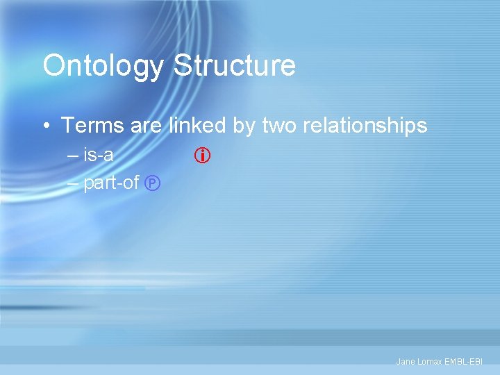 Ontology Structure • Terms are linked by two relationships – is-a – part-of Jane
