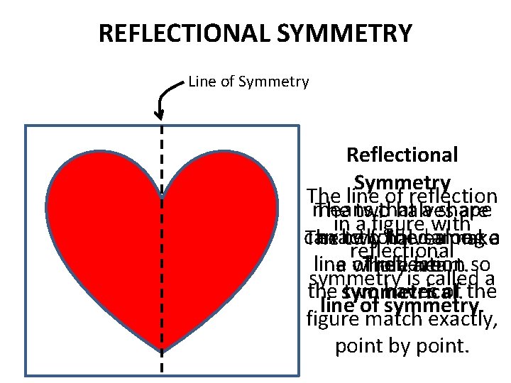 REFLECTIONAL SYMMETRY Line of Symmetry Reflectional Symmetry The line of reflection means that a