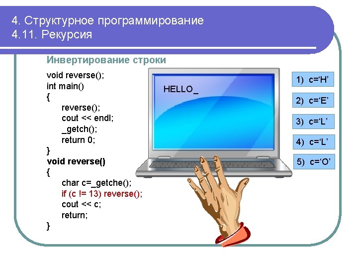 4. Структурное программирование 4. 11. Рекурсия Инвертирование строки void reverse(); int main() { reverse();