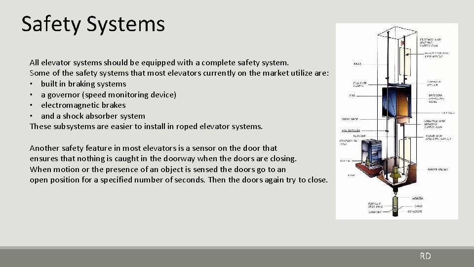 Safety Systems All elevator systems should be equipped with a complete safety system. Some