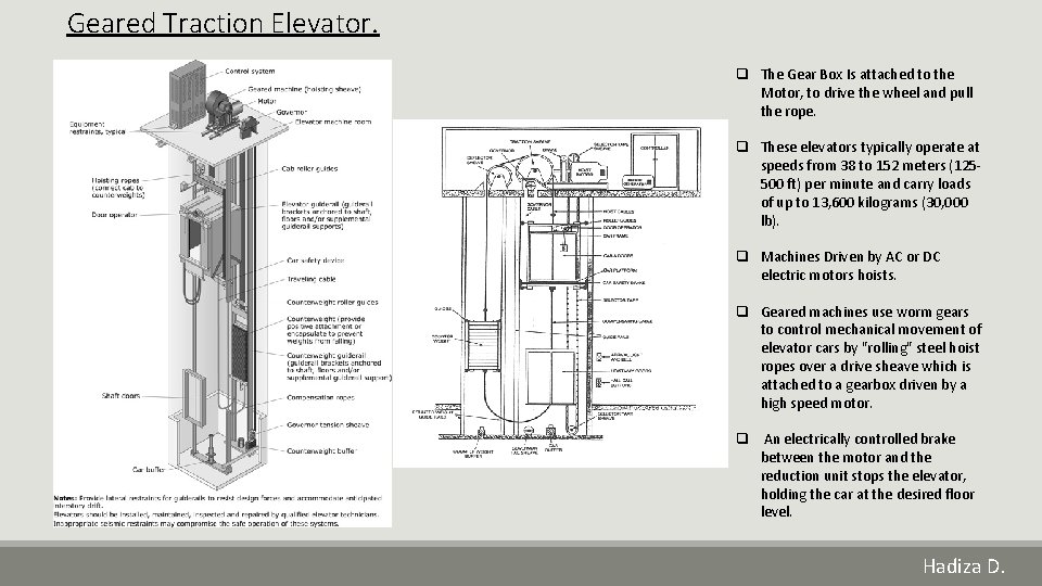 Geared Traction Elevator. q The Gear Box Is attached to the Motor, to drive