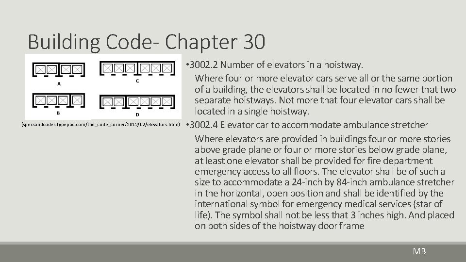 Building Code- Chapter 30 (specsandcodes. typepad. com/the_code_corner/2012/02/elevators. html) • 3002. 2 Number of elevators