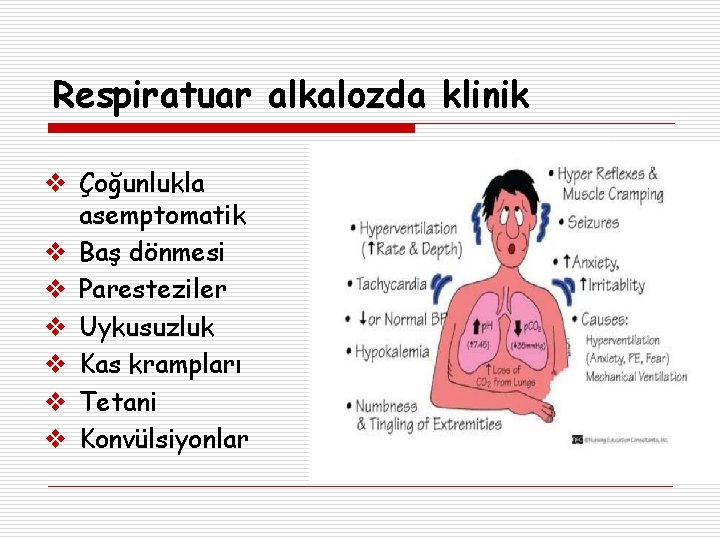 Respiratuar alkalozda klinik Çoğunlukla asemptomatik Baş dönmesi Paresteziler Uykusuzluk Kas krampları Tetani Konvülsiyonlar 