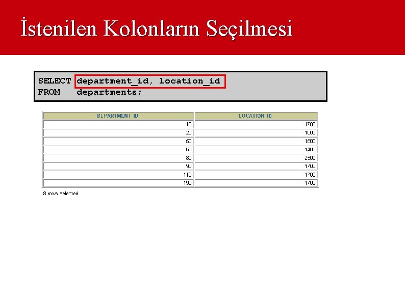 İstenilen Kolonların Seçilmesi SELECT department_id, location_id FROM departments; 