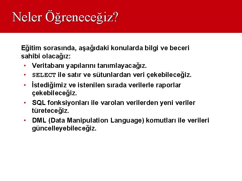 Neler Öğreneceğiz? Eğitim sorasında, aşağıdaki konularda bilgi ve beceri sahibi olacağız: • Veritabanı yapılarını