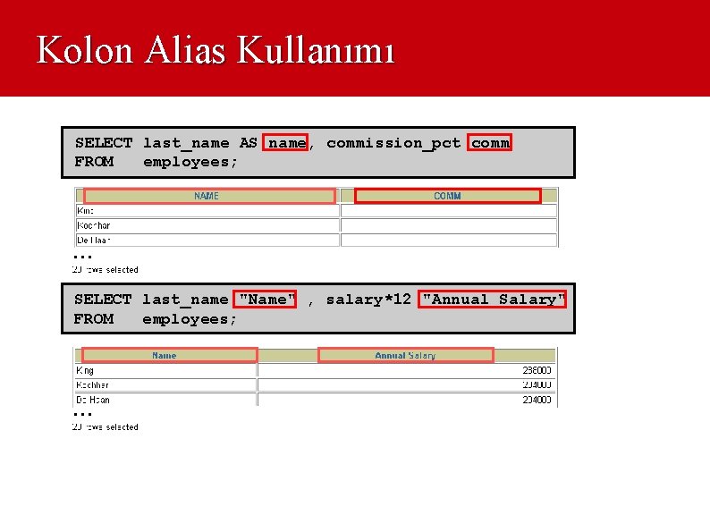 Kolon Alias Kullanımı SELECT last_name AS name, commission_pct comm FROM employees; … SELECT last_name