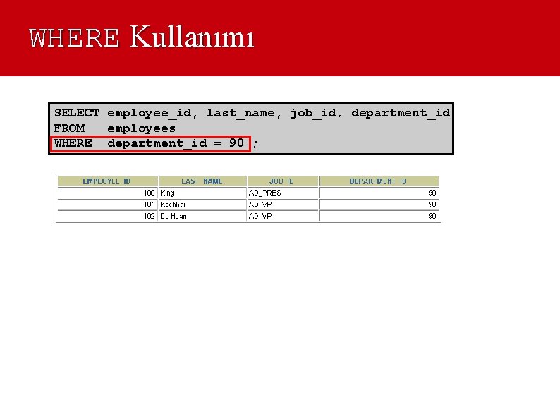 WHERE Kullanımı SELECT employee_id, last_name, job_id, department_id FROM employees WHERE department_id = 90 ;