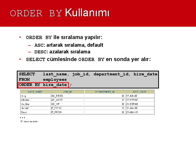 ORDER BY Kullanımı • ORDER BY ile sıralama yapılır: – ASC: artarak sıralama, default