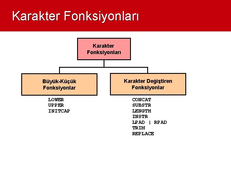 Karakter Fonksiyonları Büyük-Küçük Fonksiyonlar Karakter Değiştiren Fonksiyonlar LOWER UPPER INITCAP CONCAT SUBSTR LENGTH INSTR