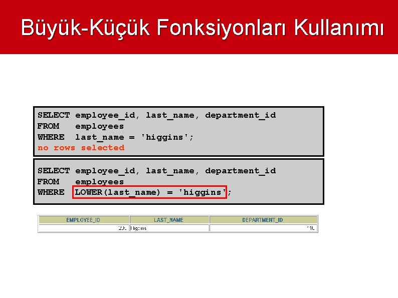 Büyük-Küçük Fonksiyonları Kullanımı SELECT employee_id, last_name, department_id FROM employees WHERE last_name = 'higgins'; no