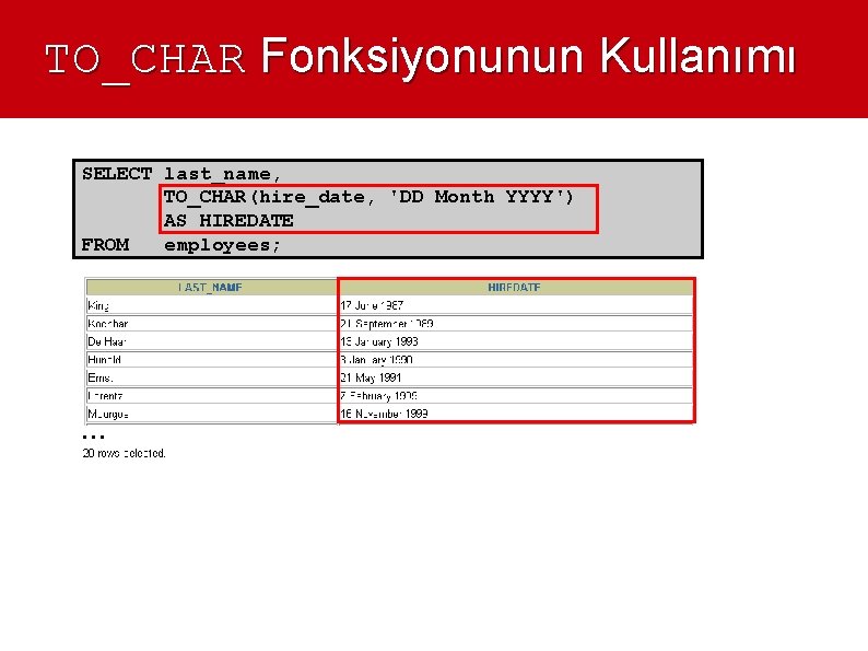 TO_CHAR Fonksiyonunun Kullanımı SELECT last_name, TO_CHAR(hire_date, 'DD Month YYYY') AS HIREDATE FROM employees; …