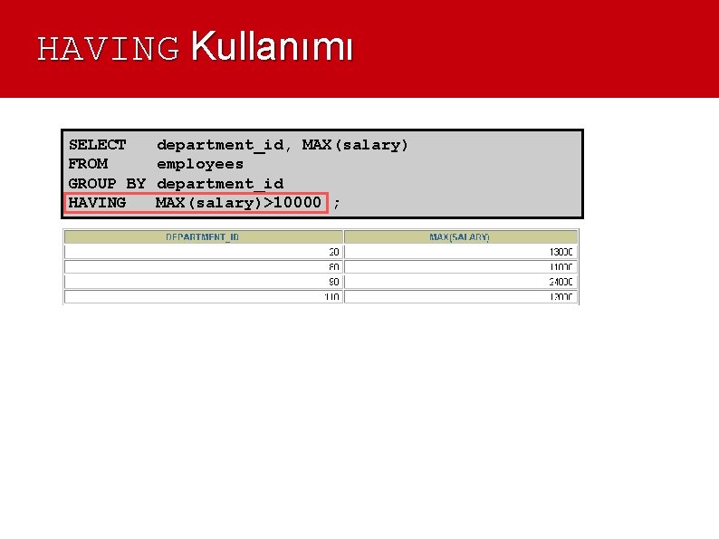 HAVING Kullanımı SELECT FROM GROUP BY HAVING department_id, MAX(salary) employees department_id MAX(salary)>10000 ; 