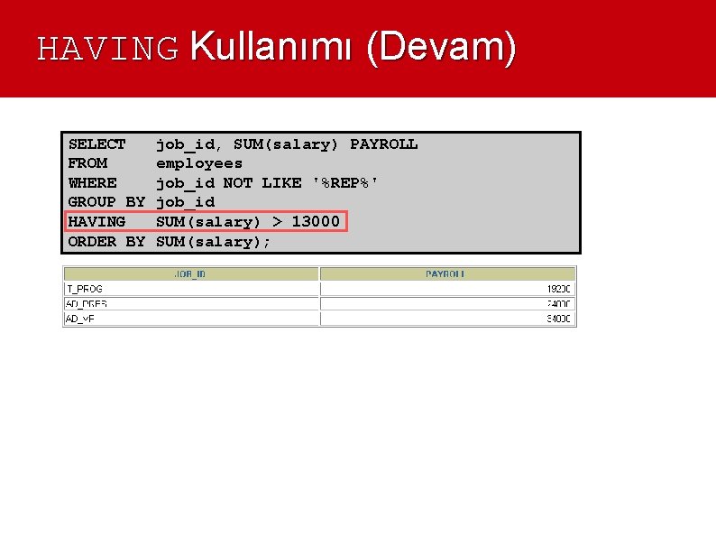 HAVING Kullanımı (Devam) SELECT FROM WHERE GROUP BY HAVING ORDER BY job_id, SUM(salary) PAYROLL