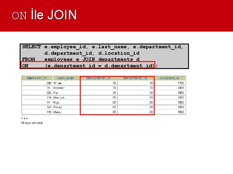 ON İle JOIN SELECT e. employee_id, e. last_name, e. department_id, d. location_id FROM employees