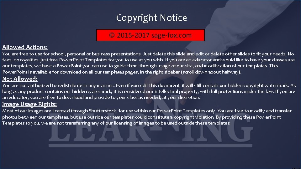 Copyright Notice © 2015 -2017 sage-fox. com Allowed Actions: You are free to use