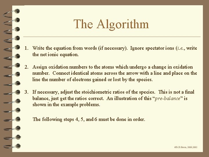 The Algorithm 1. Write the equation from words (if necessary). Ignore spectator ions (i.