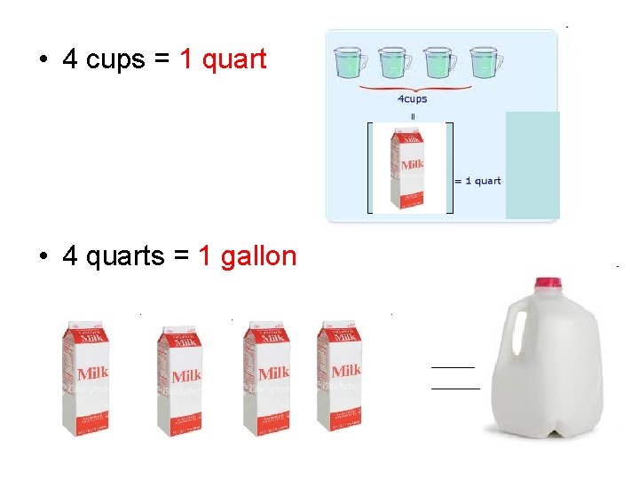  • 4 cups = 1 quart • 4 quarts = 1 gallon 