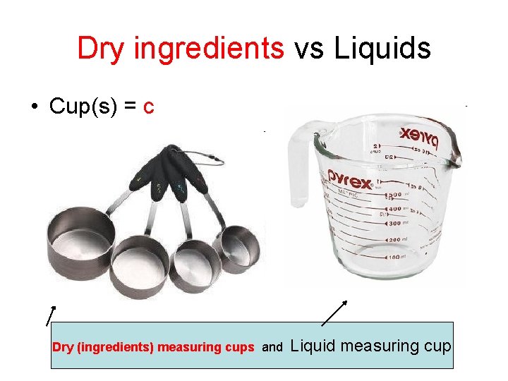 Dry ingredients vs Liquids • Cup(s) = c Dry (ingredients) measuring cups and Liquid