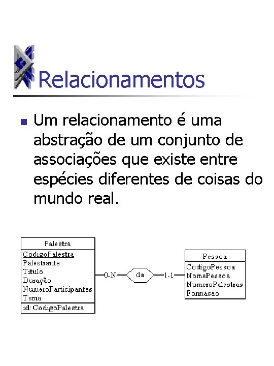 Relacionamentos n Um relacionamento é uma abstração de um conjunto de associações que existe