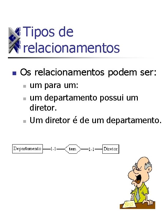 Tipos de relacionamentos n Os relacionamentos podem ser: n n n um para um: