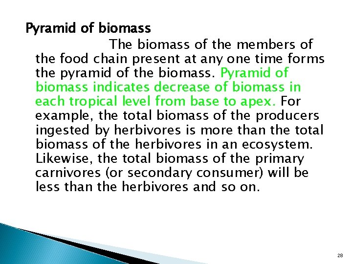 Pyramid of biomass The biomass of the members of the food chain present at