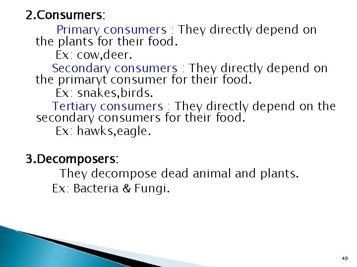 2. Consumers: Primary consumers : They directly depend on the plants for their food.