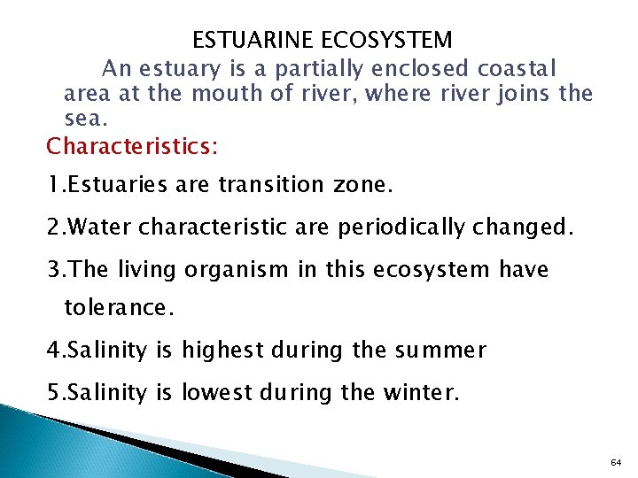 ESTUARINE ECOSYSTEM An estuary is a partially enclosed coastal area at the mouth of