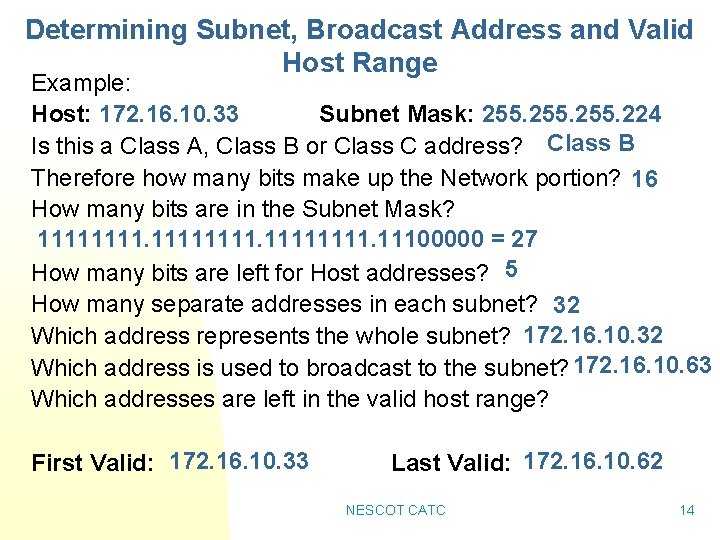 Determining Subnet, Broadcast Address and Valid Host Range Example: Host: 172. 16. 10. 33