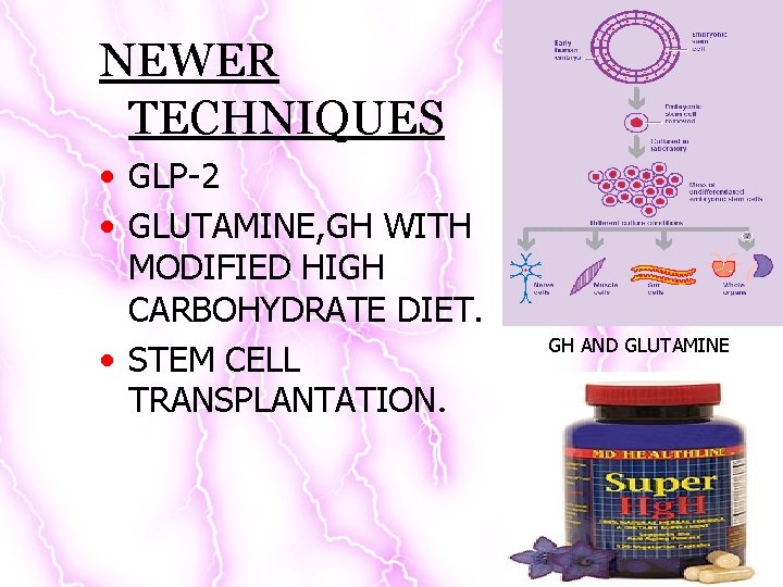 NEWER TECHNIQUES • GLP-2 • GLUTAMINE, GH WITH MODIFIED HIGH CARBOHYDRATE DIET. • STEM