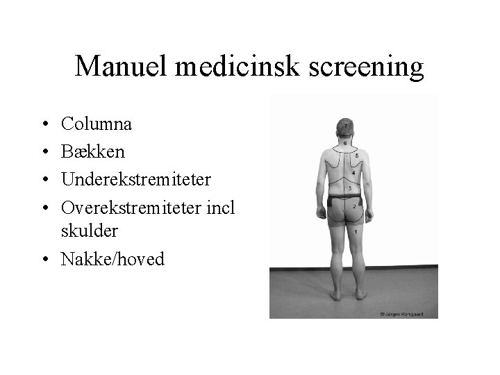 Manuel medicinsk screening • • Columna Bækken Underekstremiteter Overekstremiteter incl skulder • Nakke/hoved 