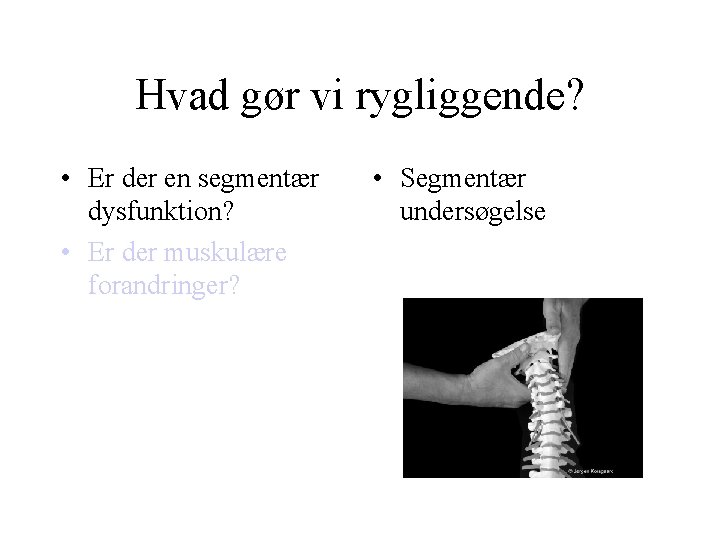 Hvad gør vi rygliggende? • Er der en segmentær dysfunktion? • Er der muskulære