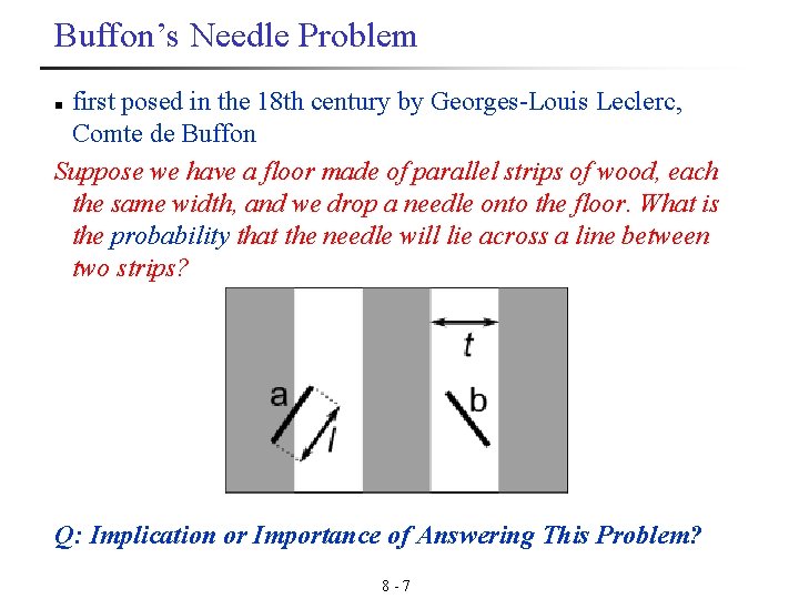 Buffon’s Needle Problem first posed in the 18 th century by Georges-Louis Leclerc, Comte