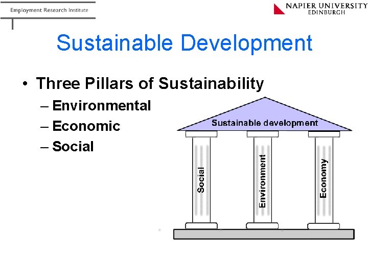 Sustainable Development • Three Pillars of Sustainability – Environmental – Economic – Social 