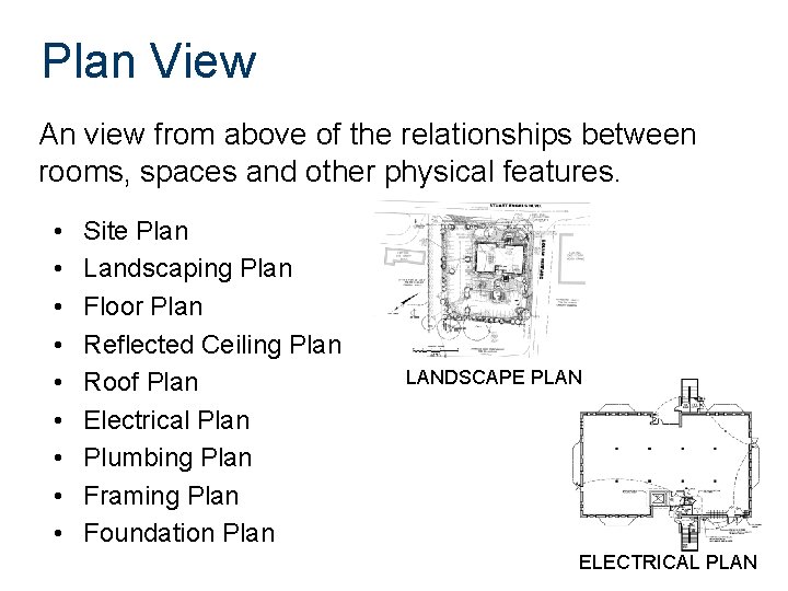 Plan View An view from above of the relationships between rooms, spaces and other