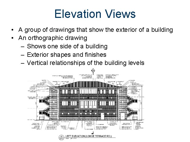 Elevation Views • A group of drawings that show the exterior of a building