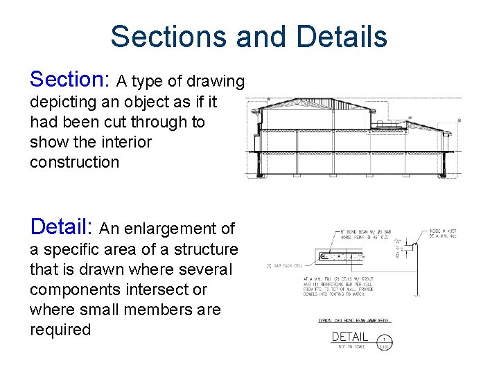 Sections and Details Section: A type of drawing depicting an object as if it
