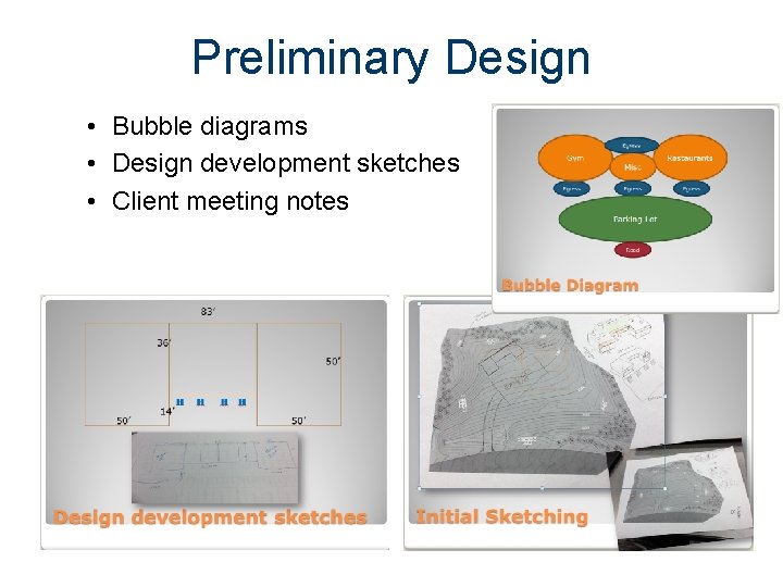Preliminary Design • Bubble diagrams • Design development sketches • Client meeting notes 